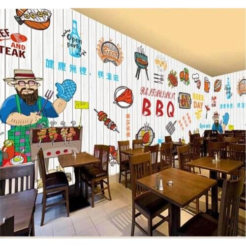 Custom 3D wallpaper personalized hand-painted wooden beer barbecue background wall high-grade waterproof material