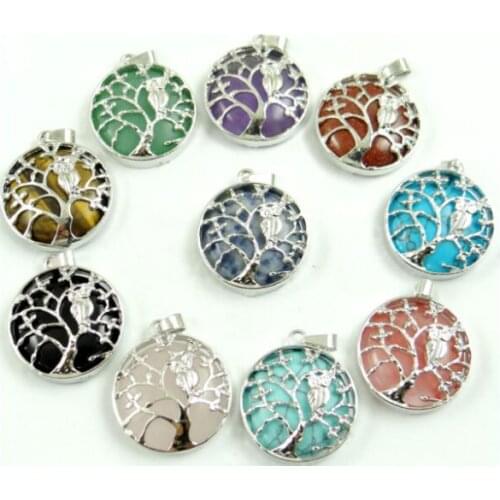 Natural Stone Quartz Crystal tiger eye Turquoises Tree of Life Round Shaped pendant for diy jewelry making necklace10pcs A1