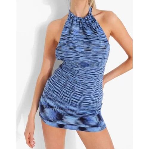 Puloru New Backless Tie Up Sleeveless Short Dress Summer Chic Print Women Halter Knitted Mini Wrap Dress Party Club Lady Clothes