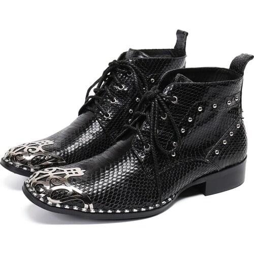Plus Size Metal Toe Mens Party Leather Boots British Style Man Lace Up Dress Boots Black Ankle Boots for Men Botas De Hombre