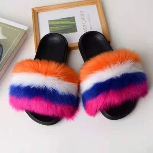 Summer Colorful Faux Fur Slides Warm Winter Ladies House Girls Plush Fur Slide Slippers For Women Raccoon Adults Furry Slippers