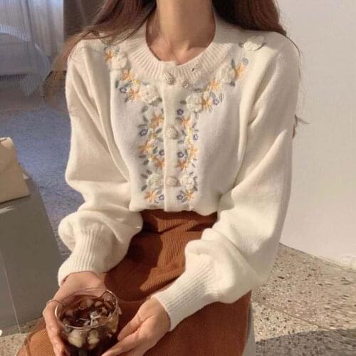 Sweater casual women autumn korean style vintage sweet Embroidery flowers sweater carigans long sleeve fluffy outwear 2020