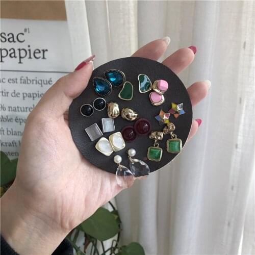 Vintage Female Crystal Rhinestone Opal Stud Earrings Set For Women Round Leather Packing Geometric Flower Earring Jewelry