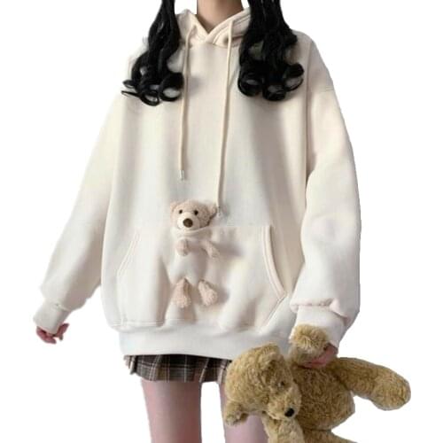 2021 Spring Autumn Women Loose Cute Pocket Bear Toy Hoodie Hooded Sweatshirt College Girls Casual Kawaii Harajuku Pullover Tops