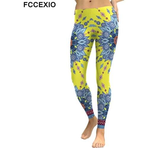 FCCEXIO 2019 European Style Leggings Women Colorful Mandala Flower Printed Woman Leggins Fitness Legging Elastic Mujer Pants