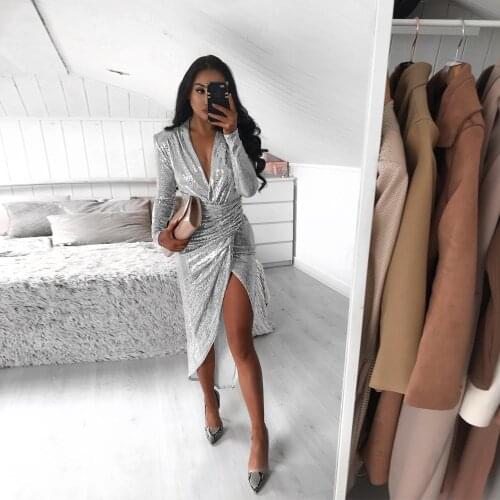 Ladies Silver Shiny Evening Sexy Split Dresses for Women Party Pleated Autumn V-neck Long Sleeve Fashion Free Shipping Plus Size
