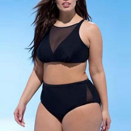 Plus size bikini black mesh crop top swimsuit large sizes mesh patchwork swimwear large size women bikinis high waist swimsuit