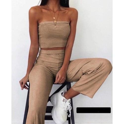 2021 Women New Season Sexy Womens Two Piece Sport Pants Set Strapless Bustier Spring Summer Skin Color Black
