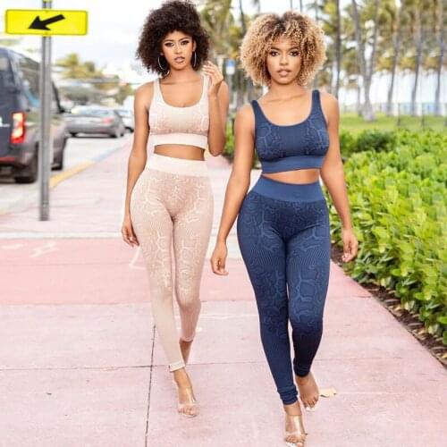 High Waist Trousers Suit Womens Sports Two Piece Set Fashion Snake Pattern U-neck Vest Top and Tight Yoga Sets Gym Clothes