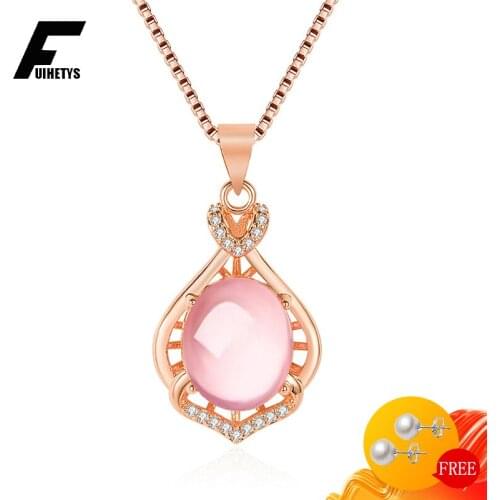 925 Silver Jewelry Necklace for Women Wedding Engagement Accessories Oval Rose Quartz Zircon Gemstone Water Drop Shape Pendant