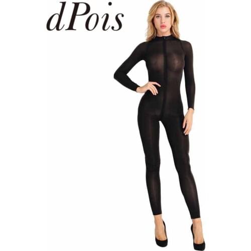 Women Sexy Lingerie Bodystocking Long Sleeves Double Zipper Sheer Smooth See Through Open Crotch Bodysuit Jumpsuit Sexy Catsuit