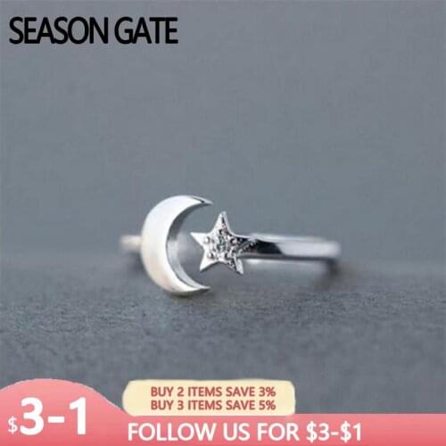 Season Gate 925 Sterling Silver Fashion Elegant Creative Simple Moon and Star Adjustable Size Open Ring for Women Girls SR012