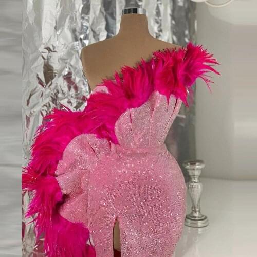 Elegant Strapless Rose Red Feather Mermaid Evening Dresses Glitter High Slit Prom Dress Abendkleid Pretty Pageant Gowns