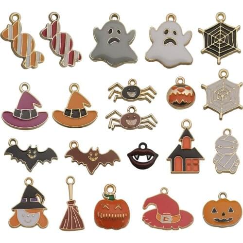 10Pcs/Pairs Enamel Halloween Charms Mixed Alloy Candy Ghost Pumpkin Bat Spider Hat Pendant DIY Jewelry Making Accessory