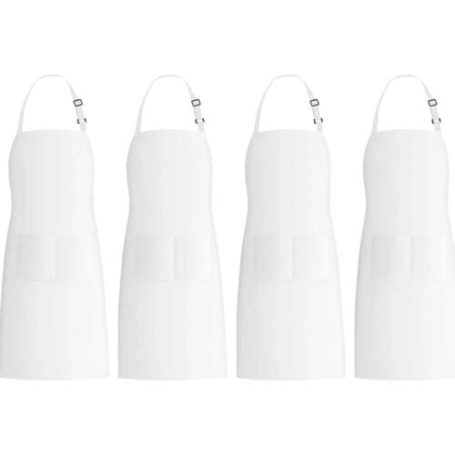 4 Pack Bib Aprons with 2 Pockets Adjustable Kitchen Cooking Chef Apron, White