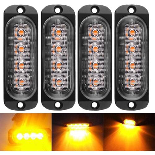 4PCS Amber 4LED Light Bar Car Truck Hazard Beacon Warning Lamp Grill Breakdown DC12V 24V Yellow Led Lamp Accessories 6500k 3000K