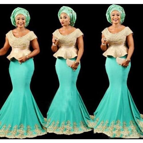 Aso Ebi Black Girls Mermaid Evening Gowns Scoop Cap Sleeves Peplum African Prom Dress Long Lace Appliques Beads Formal Cocktail