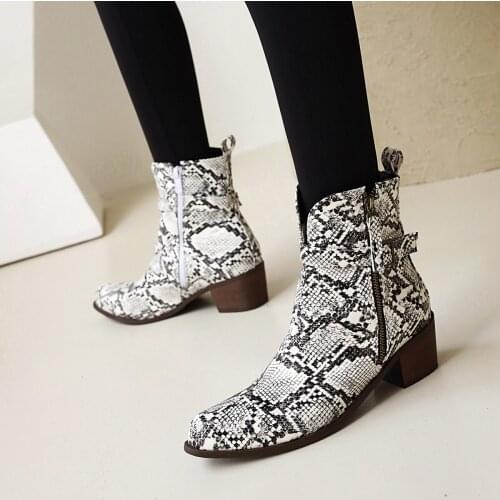 Snakeskin Leather Pointed Square Heel Chelsea Boots With Belt Buckle Metal Decoration Large Size Female Ankle Boots Warm Plush
