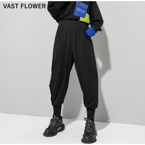 2021 Spring Autumn New Black High Elastic Waist Harem Pants Women Pocket Patchwork Loose Fit Casual Trousers Fashion Streetwear