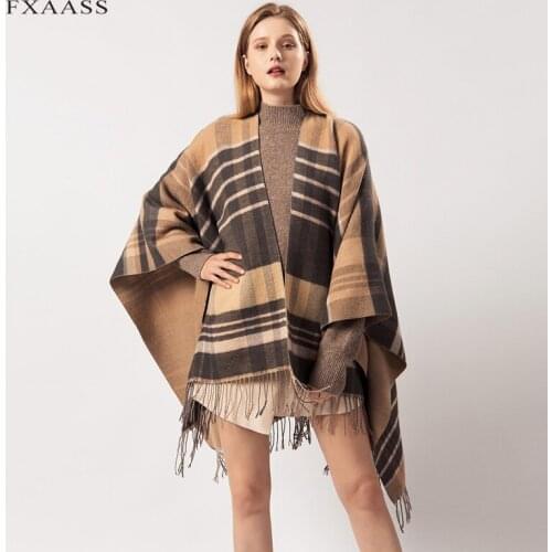 FXAASS New Autumn Winter Shawl Fashion Poncho Women Lady Scarf Luxury Blanket Thicken Warm Pashmina Striped Plaid Tassel Cape