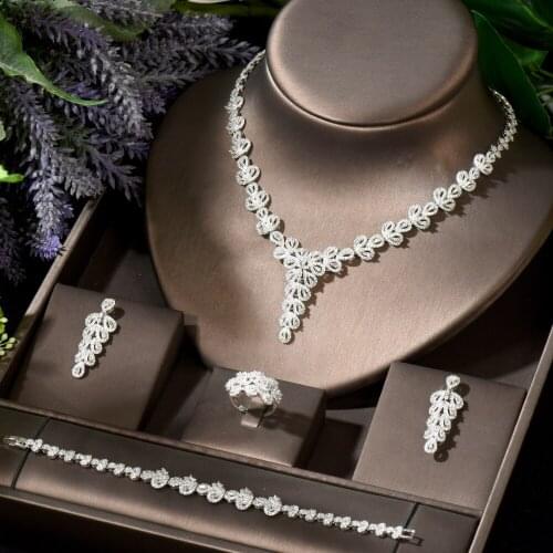 HIBRIDE Shinning Flower Leaf Women Wedding Jewelry Naija Bridal Cubic Zirconia Necklace Earring Set Dubai Dress Party N-1819