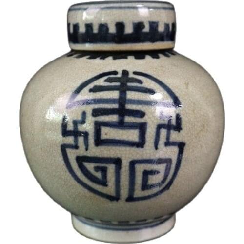 Chinese Old Porcelain Cracked Glaze Blue And White Longevity Pattern Cover Can