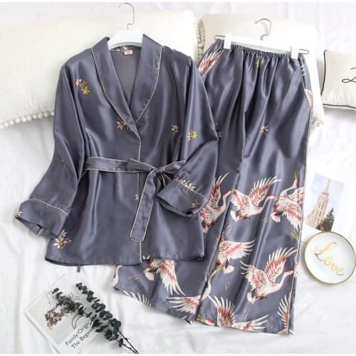 New Summer Womens Homedress Pajamas Long Sleeve Trousers Nightgown Lapel Sleepwear Thin Ice Silk Cardigan Casual Home Clothing