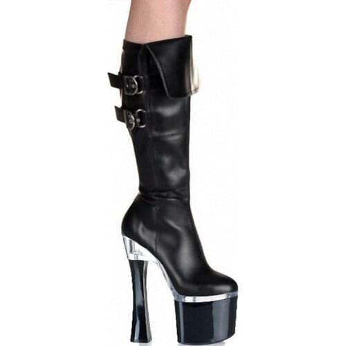 Wholesale Black PU Leather Square High Heels Long Boots Women Fashion Belt Buckle High Platform Boots Sexy Motorcycle Boots