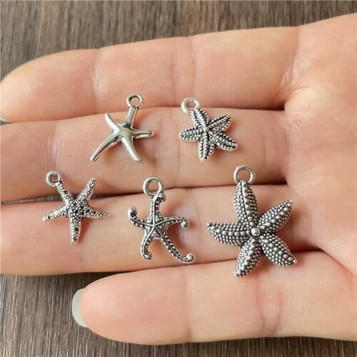 JunKang 50pcs antique silver alloy various mini starfish pendants DIY production of jewelry crafts connector jewelry accessories