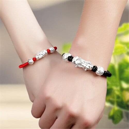 Handmade 999 Silver Wealth Pixiu Bracelet 3D Pure Silver Wealth Pixiu Braided Bracelet Good Luck Bracelets for Lovers