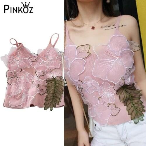 Pinkoz V-neck SlimTops Women Spring and Summer New Nightclub Leaf Flower Appliques Sleeveless Streetwear Short Vest Sexy Top