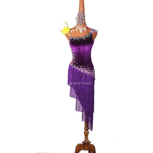 Purple Crystal Women Latin Dancing Costumes Lycra Net Tassel Skirt Salsa Samba Rumba India Ladies Fringe Latin Dance Dress