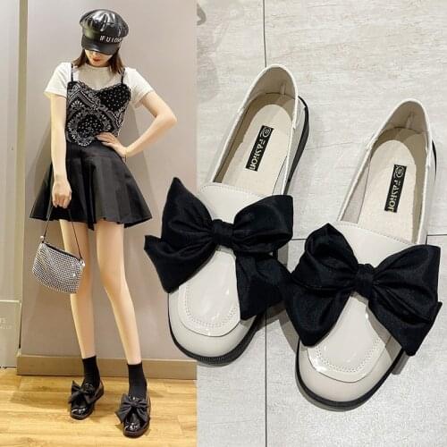Spring Autumn Women Oxford Shoes Leather Slip on Flat Shoes Woman Big Bowtie Loafers Boat Shoes Female Flats Zapatos Mujer 9379N