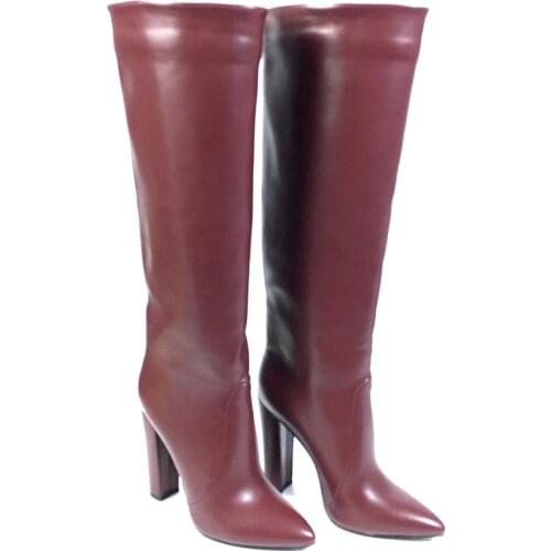 Womens Knee boots pointed toe high heels Shoes Block Heels Full Zipper Autumn Winter Female Footwear Casual wine red Black Beige