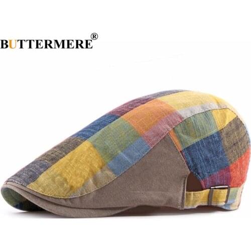 BUTTERMERE Men Flat Cap Cotton Linen Male Female Beret Hat Spring Summer Colorful Plaid Unisex Adjustable Flat Brim Cap