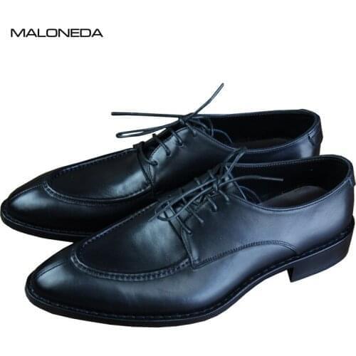 MALONEDA Handmade Goodyear Lace up Black Genuine Leather Derby Shoes for Business Office formal Dress Footwear