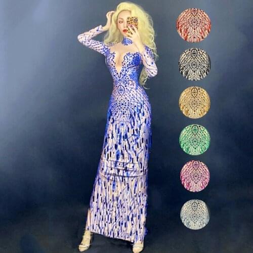 Multicolor Sequin Stretch Long Dress Shining Rhinestone Fringe Dress Stage Costume Women Party Birthday Celebrate Dress XS2638