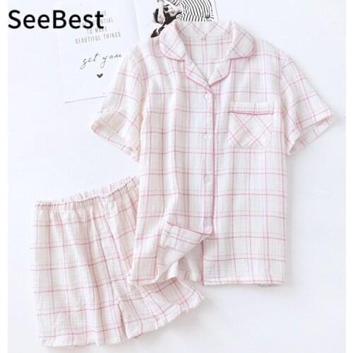 SeeBest 2020 Summer Plaid Couple Cotton Pajamas Set Homewear Sleepwear Lounge Comfy Pajamas Set for Couple
