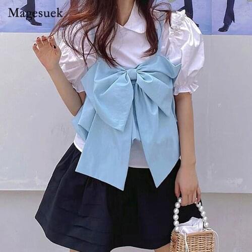 Sweet Summer 2021 Women Solid Shirt Solid Cotton Bow Sleeveless Blouse Sexy Style Spicy Girls Backless Tops Clothing Blusa 15587