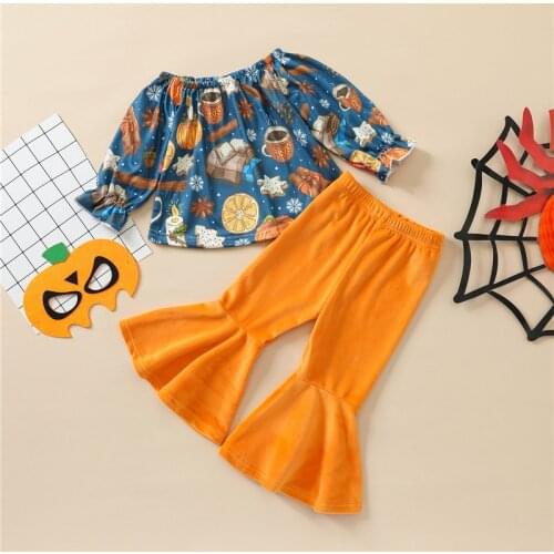 Fashion Toddler Girls 2Pcs Halloween Outfits, Off Shoulder Long Sleeve Tops + Elastic Waist Flare Pants Set, 6Months-4Years