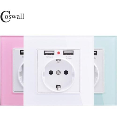 Coswall Green Pink Colorful Crystal Glass Panel Dual USB Charging Port 2.1A 16A Russia Spain Wall Socket EU Power Outlet