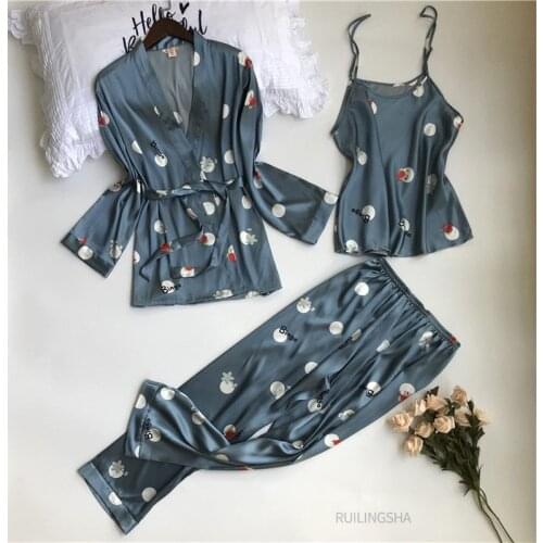 New 3 Pieces Pyjama Set 2020 Women Spring Summer Sexy Silk Pajamas Sets Satin Sleep Suit Cute Nightwear Home Clothes Sleepwear