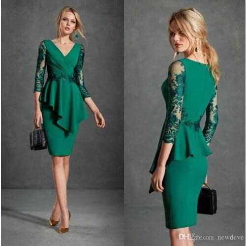 2019 New Mother of the Bride Dresses V Neck Long Sleeve Lace Evening Gowns Prom Wear Knee-Length Formal Wedding Guest Dress