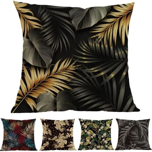 Nordic Tropical Plant Gold Black Green Foliage Palm Monstera Leaf Throw Linen Pillow Case Home Sofa Decorative Cushion Cover