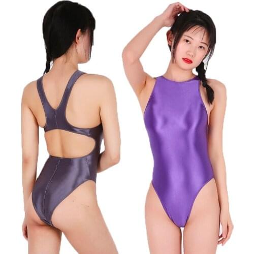 Sexy Black Leotards Sleeveless Bodysuit Bikini Thong Backless High Cut Shiny One Piece Swimsuits Japanese Bathing Suits Swimwear