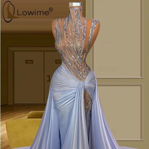 Light Blue Sexy Illusion High Neck Mermaid Evening Dresses 2021 Sparkly Sequins Prom Party Gowns robe de soirée de mariage