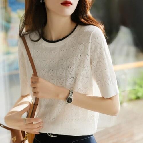 Woman Clothing Summer Knitted Sweater Women Loose Thin Jumper Female Pullover O neck Short sleeve Solid color Casual Tops