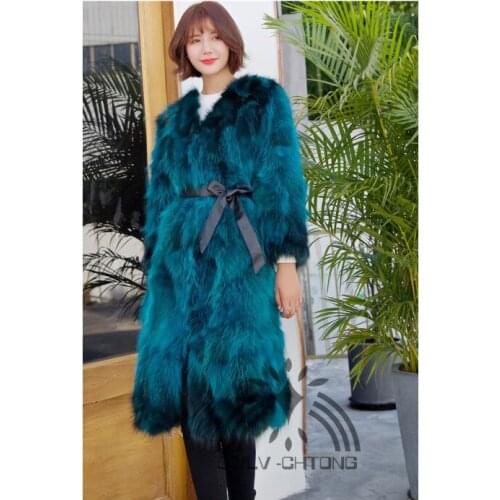 New Real genuine natural raccoon fur coat women fashion long jacket ladies 100CM length V-neck thick warm overcoat 5 color