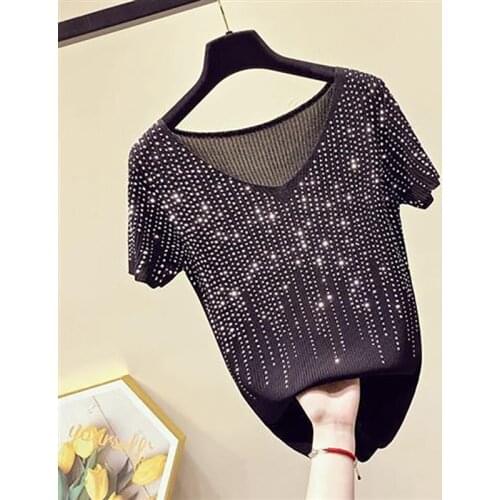 Women Summer Style Diamonds T-Shirts Tops Tee Lady Casual Short Sleeve V-Neck Black Green Blue Casual Tshirts Tops