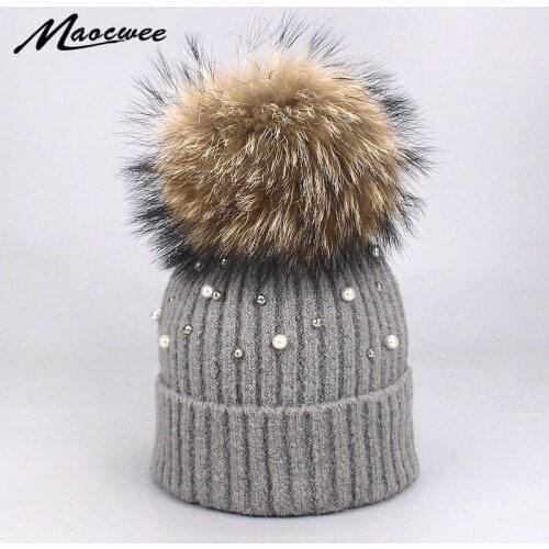 New Diamond With Thick Knitting Wool Winter Hat Women Caps Genuine Real Raccoon Fur Pompon Ladies Hats Beanies Skullies